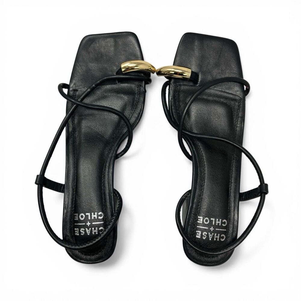 Chase & Chloe Black Strappy Square Toe Slingback Gold Darwyn Heels